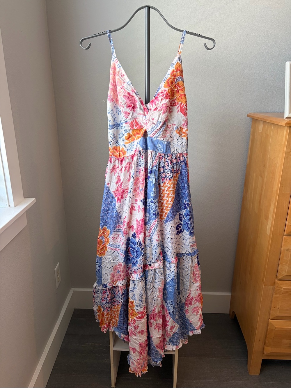 Angie Floral Patchwork V-Neck Maxi Dress in Blue, Pink & Orange